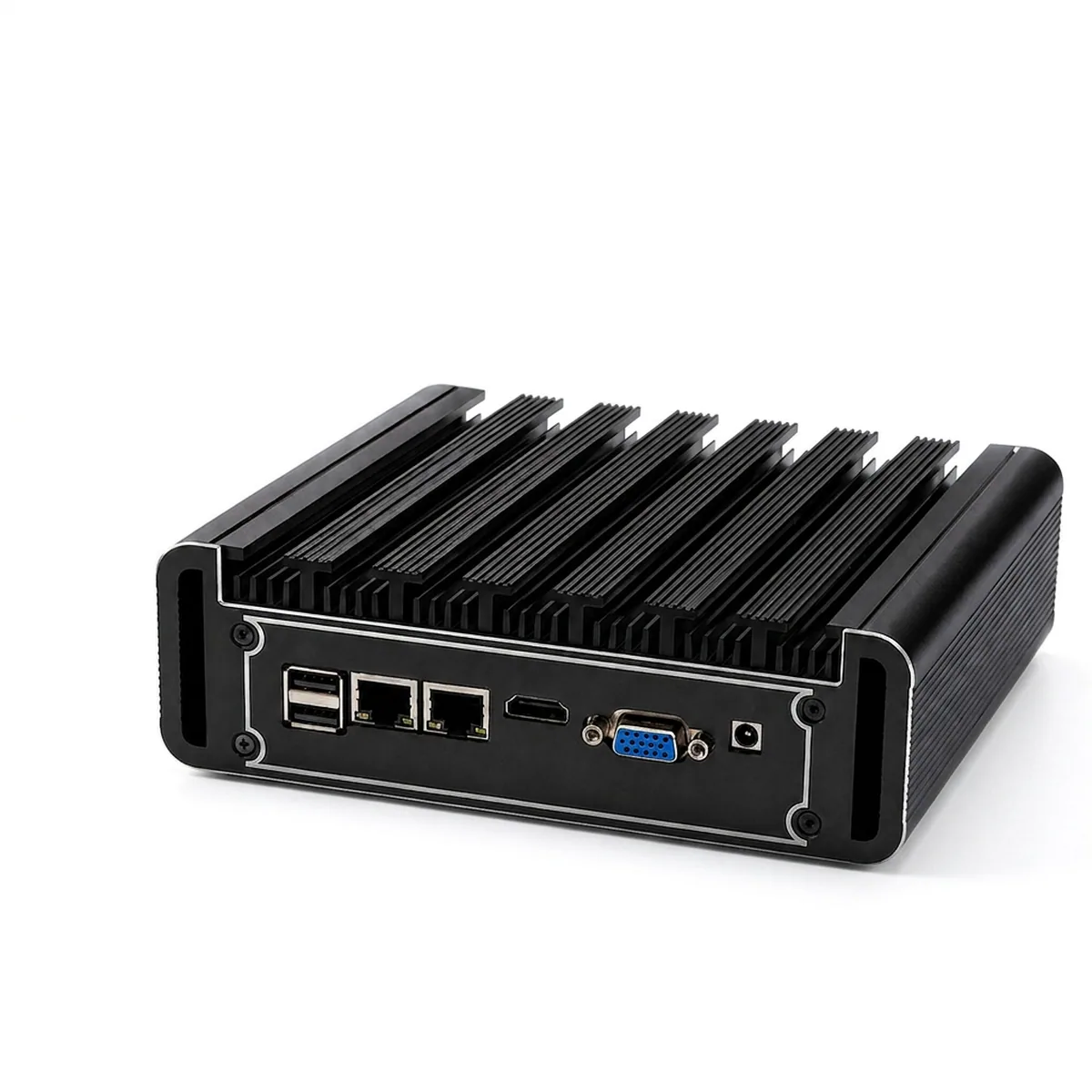 Rear view of an Industrial Mini PC showing dual LAN, USB, HDMI, and VGA ports on a finned chassis.