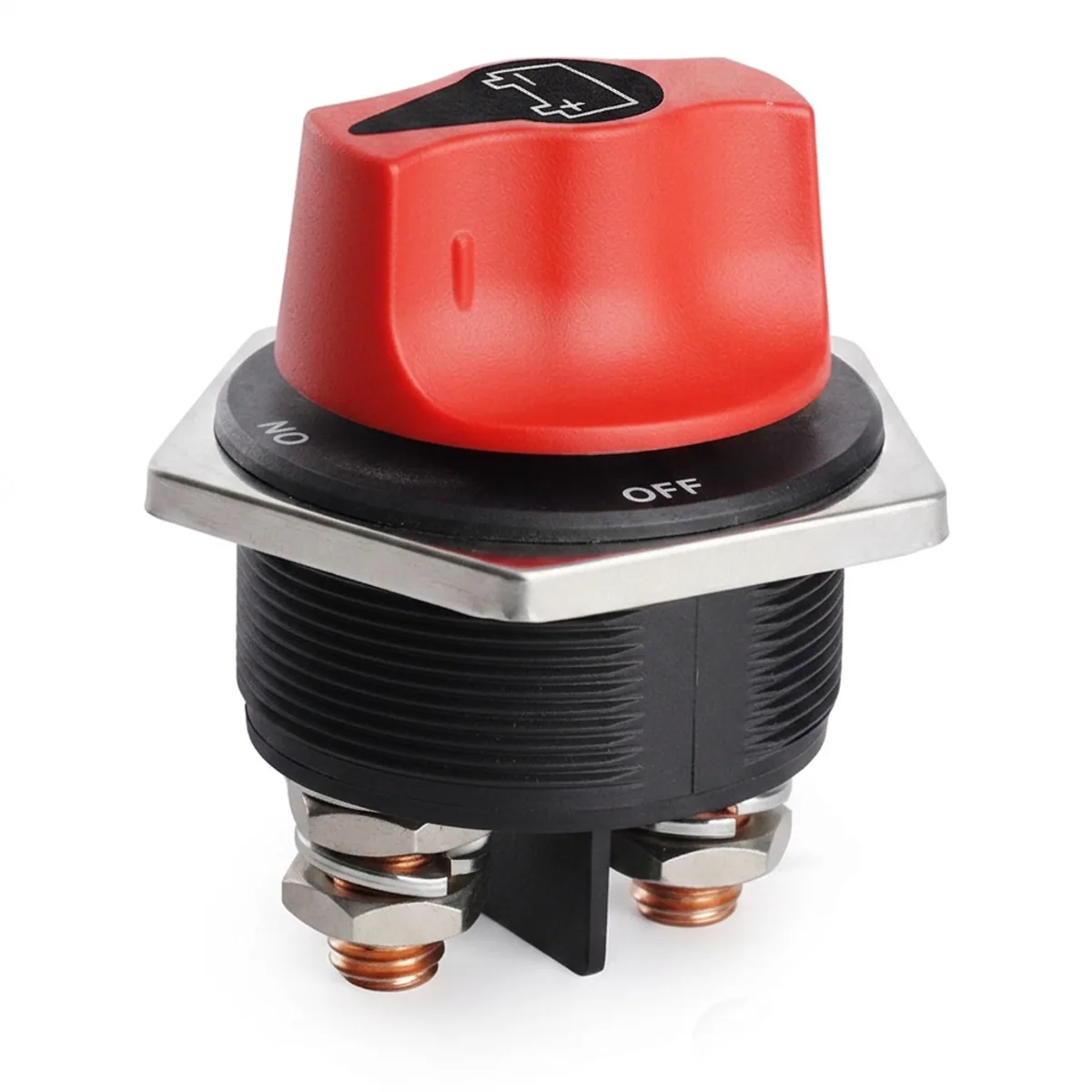 DC 12V heavy-duty battery disconnect switch kit for car, truck, or boat, showing 50A to 300A models with red power isolator and mounting hardware.