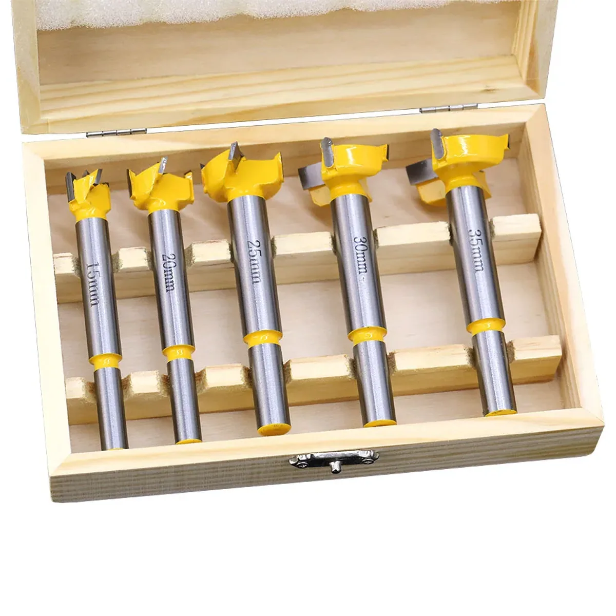 Professional 5-piece Forstner drill bit set for precise hinge boring in woodworking, includes 15mm to 35mm sizes.