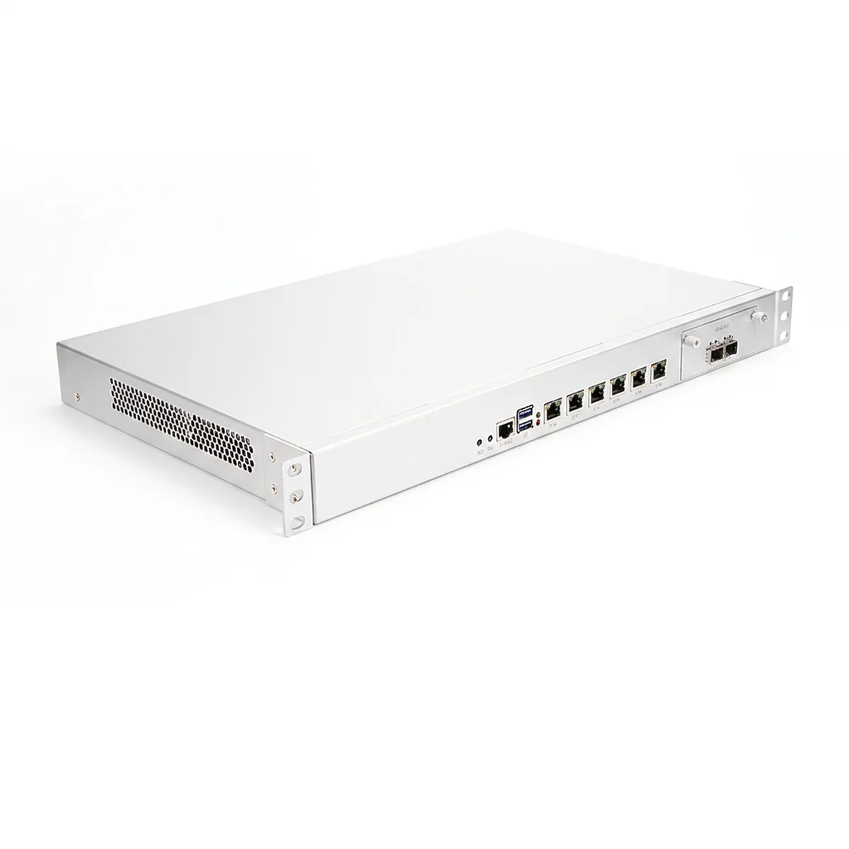 Front angled view of a 1U Firewall Appliance with Ethernet, USB, and SFP network ports.