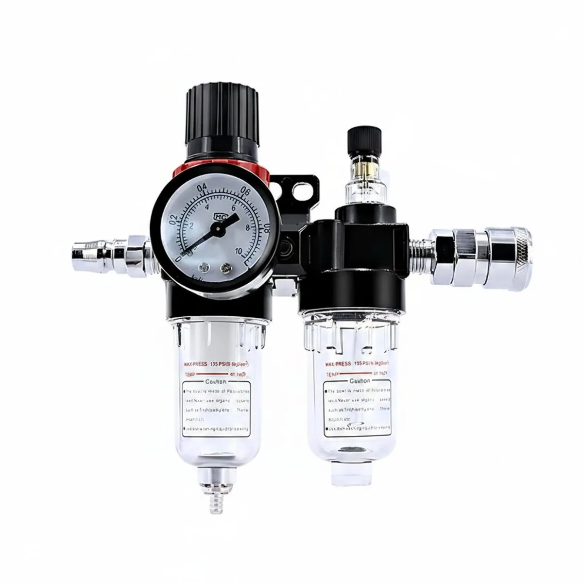 AFC2000 Air Compressor Filter Regulator and AFR2000 Oil Water Separator with AL2000 lubricator, industrial pneumatic system setup.