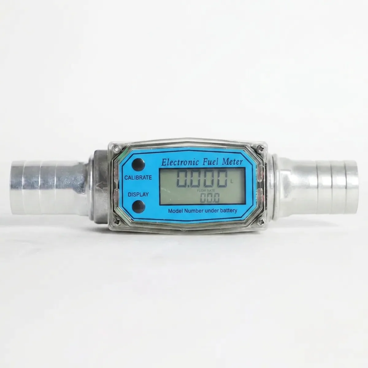 Digital aluminium fuel transfer fitting meter with a blue LCD screen and silver hose barb connectors.