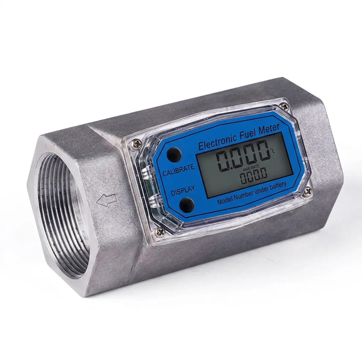 Aluminium fuel transfer fitting with threaded port and blue digital electronic flow meter display.