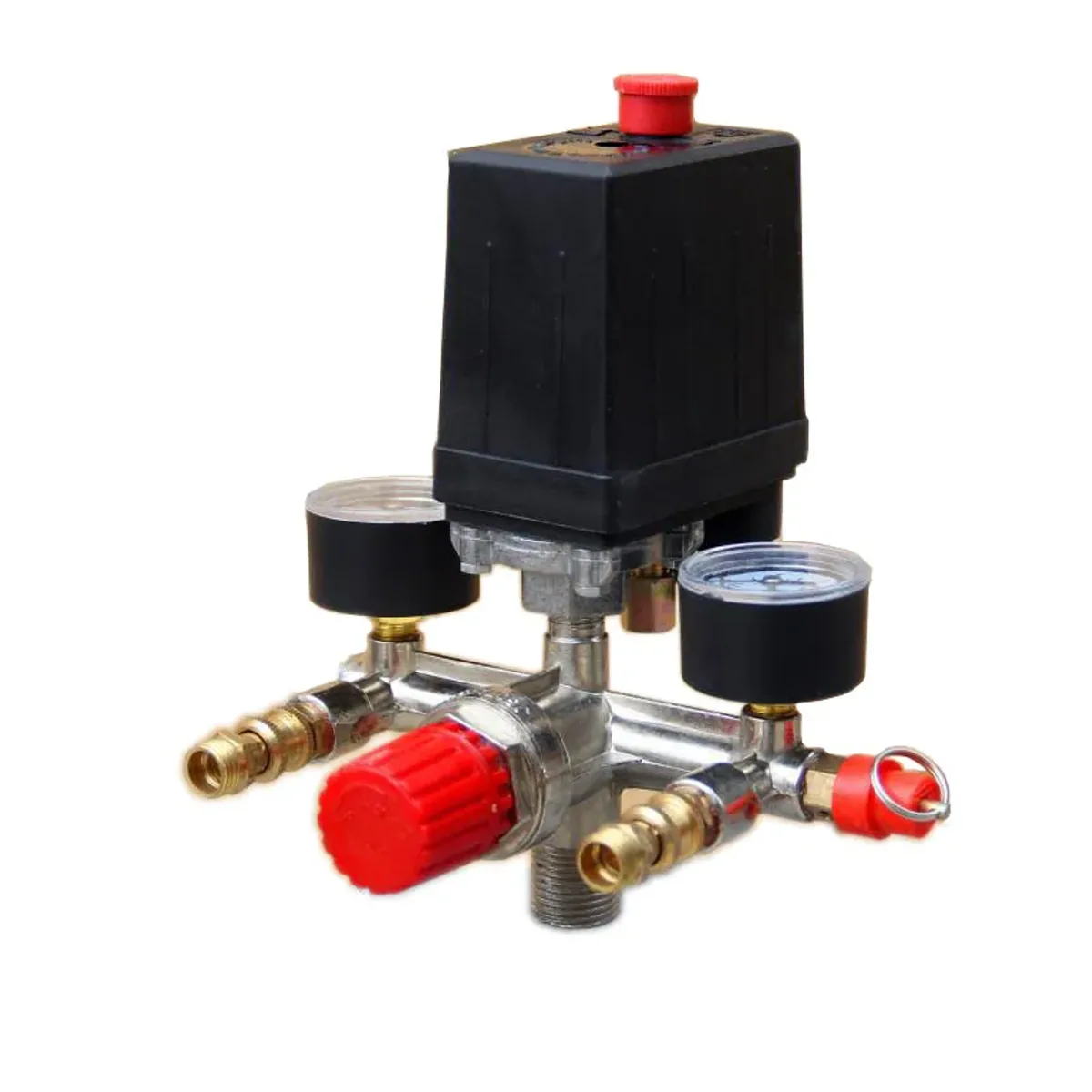 Compressor pressure switch with two gauges, a red safety valve and a regulator on an aluminium bracket