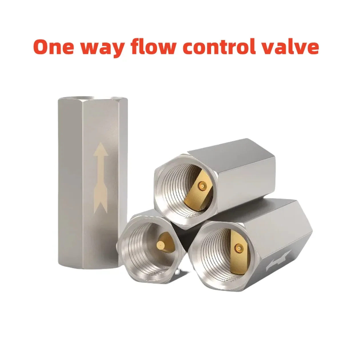 Several brass one-way flow control valves with hex bodies and threaded ends laid out together