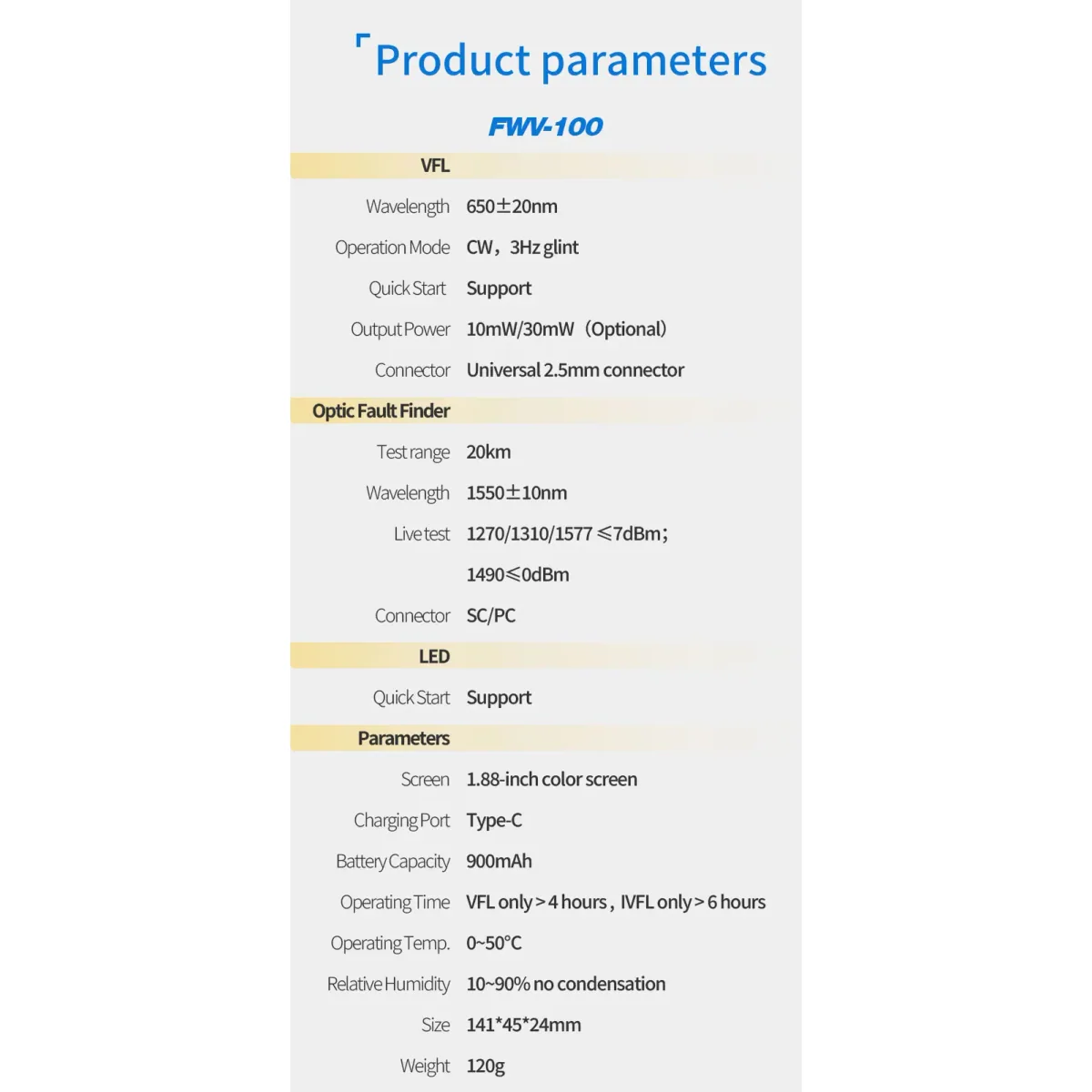 Visual Fault Locator FWV-100 | 10mW VFL + 1550nm Trace | 20km Fault Finder - Thumbnail 5