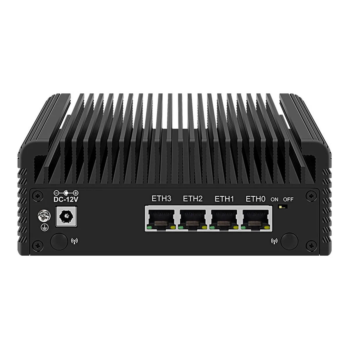 Rear view of a Firewall Appliance showing four Ethernet ports, DC-12V power input, and top heatsink fins.