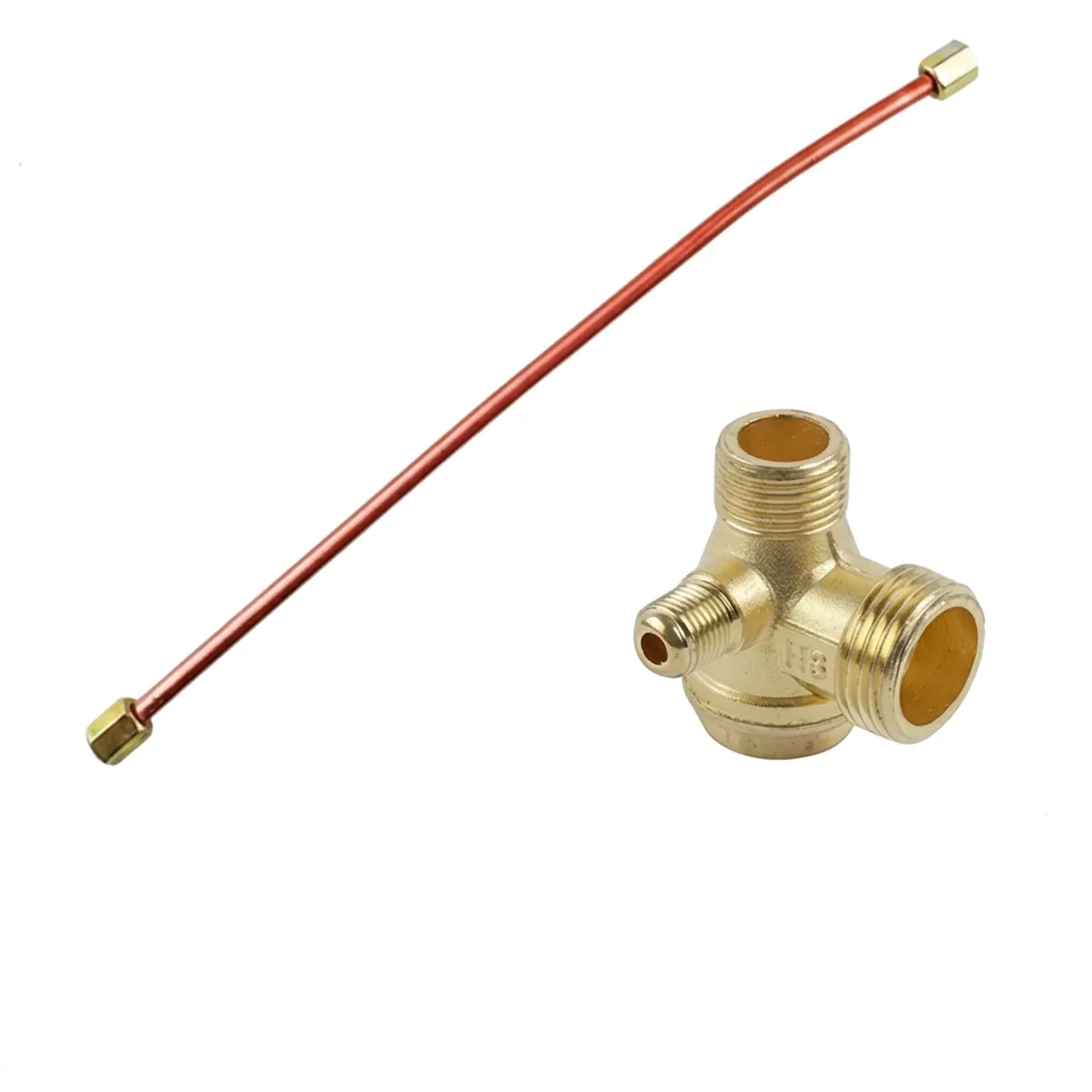 3-Port Air Compressor Check Valve with 400mm Exhaust Tube, featuring 20mm, 16mm, and 10mm threaded ports for pneumatic system control.