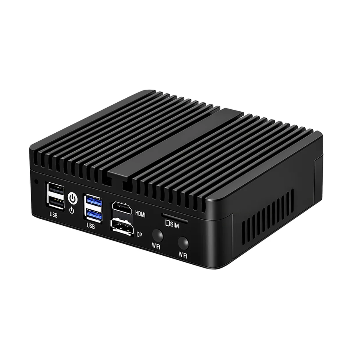 Firewall Appliance Mini PC displaying front USB, HDMI, DP, SIM slot, and antenna ports.