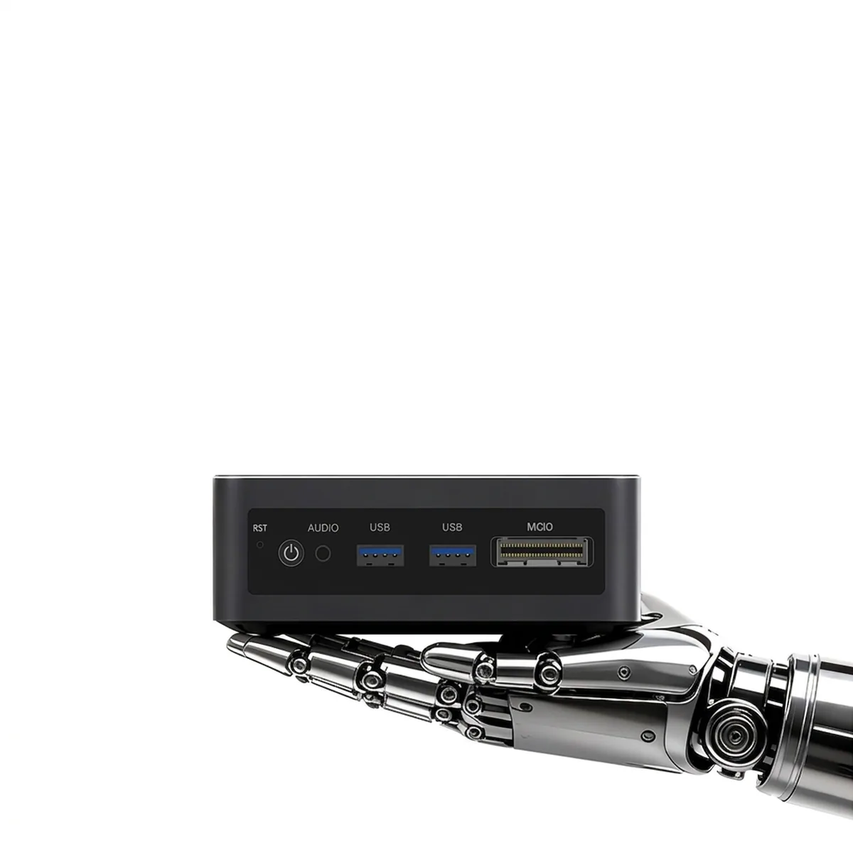 Front view of 4 Port 2.5G Mini PC showing power button, audio jack, dual USB ports, and MCIO interface.