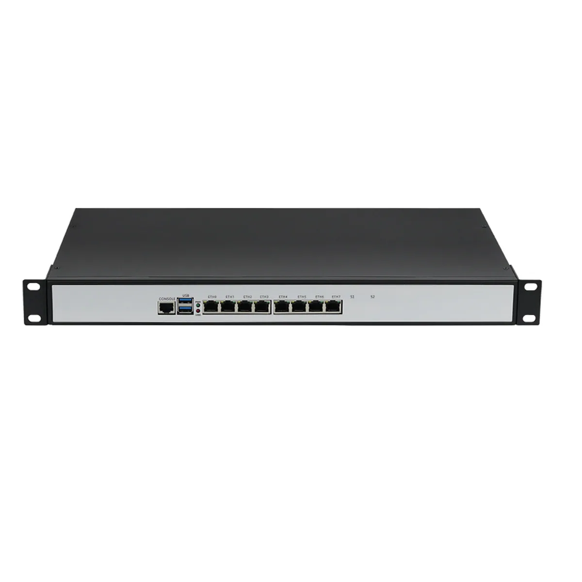 Front view of 1U Firewall Appliance Mini PC with console, dual USB, and eight Ethernet ports.