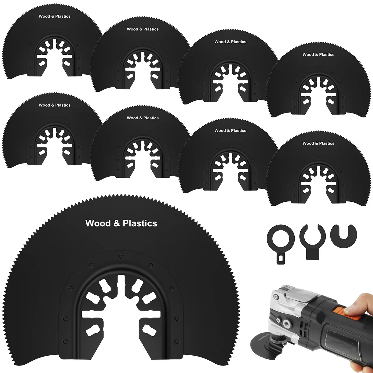 High carbon steel oscillating multi tool blade for wood cutting, featuring a semicircle and straight edge for versatile renovation tasks.