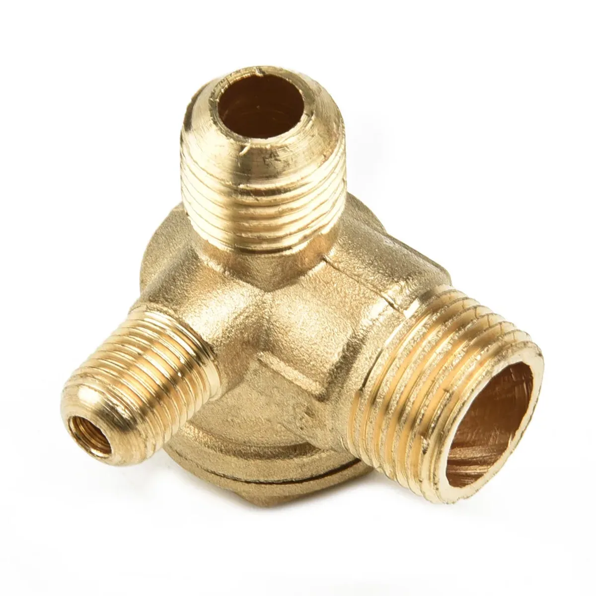 Brass three port check valve fitting with threaded ends on a plain background