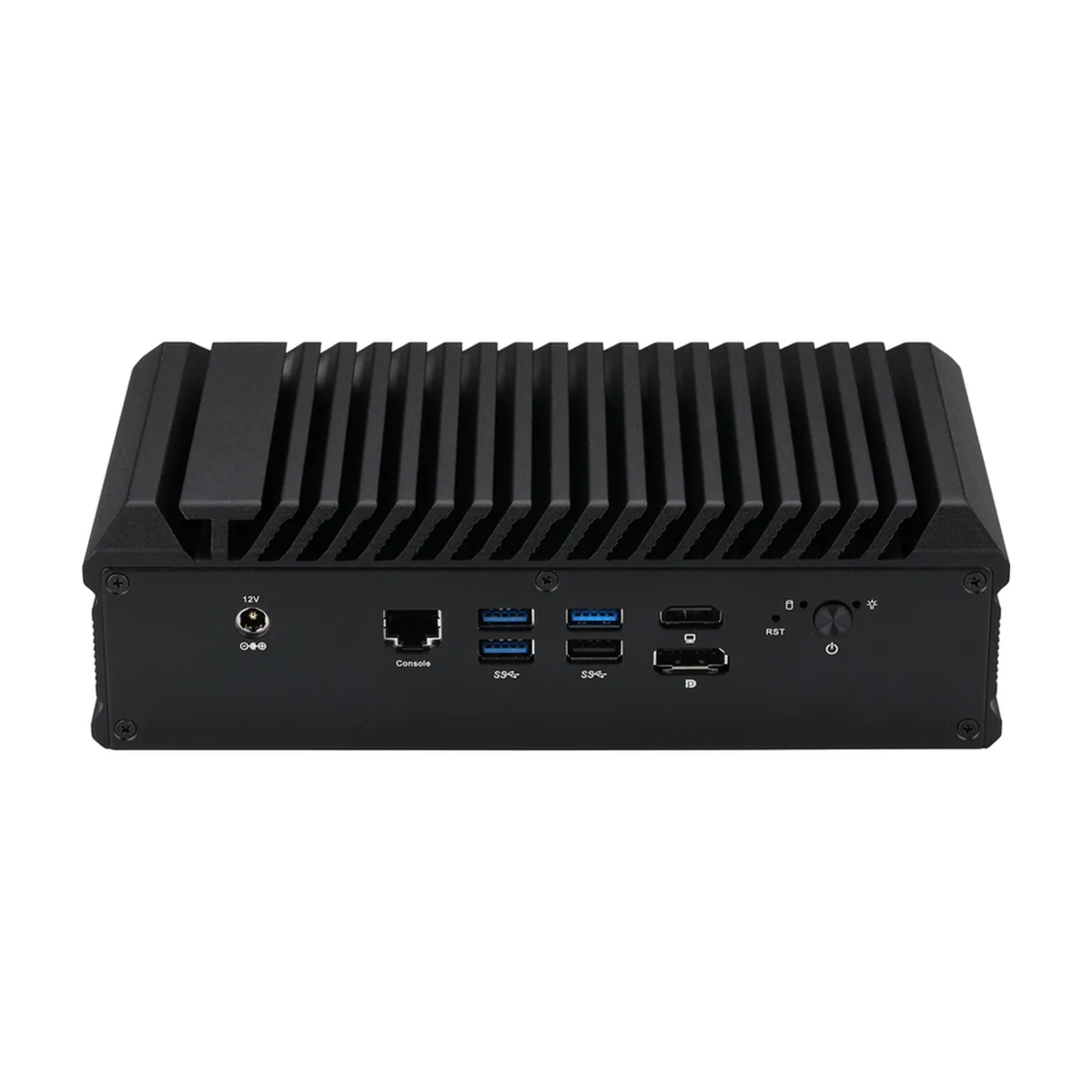Appliance Mini PC rear panel showing DC jack, console port, USB ports, display outputs, and power button.