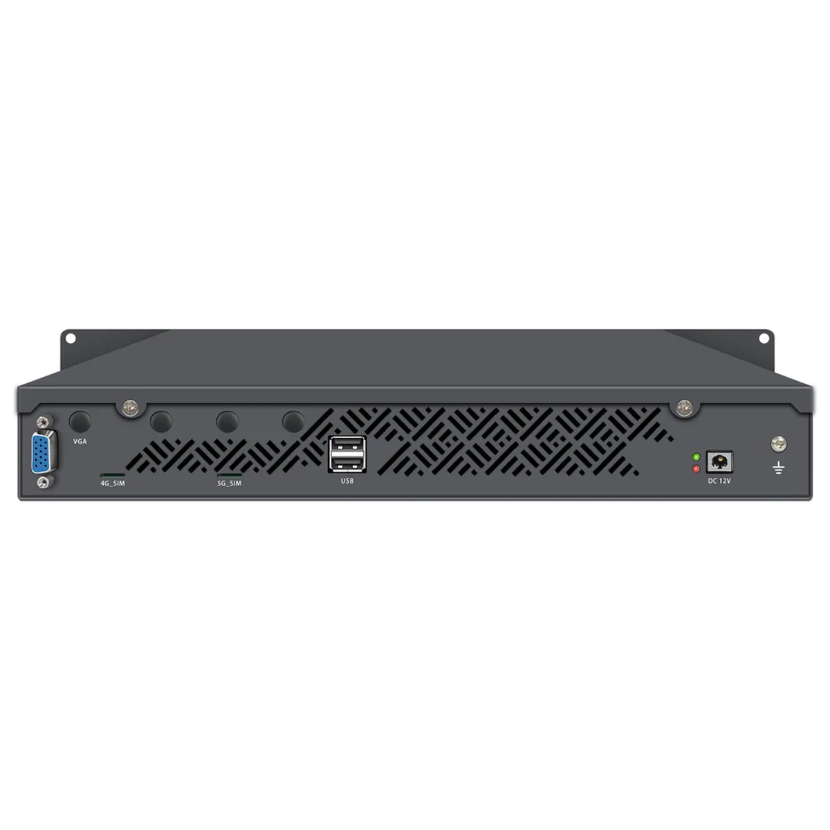 Rear panel of a 1U Firewall Appliance showing VGA, SIM slots, dual USB ports, and DC power input.
