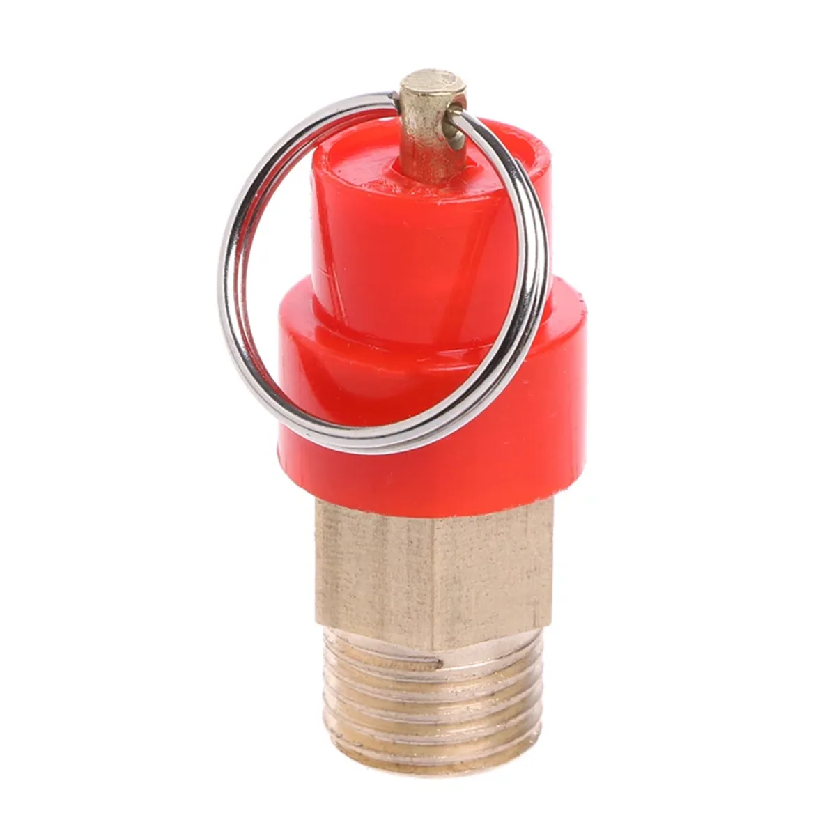 Red safety valve with brass threaded fitting and a pull ring on the cap