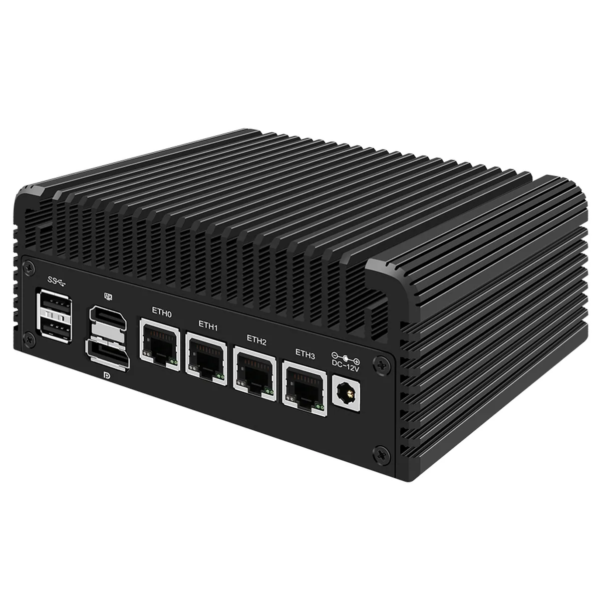 Rear view of 4x 2.5G Firewall Appliance Mini PC with four LAN ports, USB, HDMI, DisplayPort, and DC input.