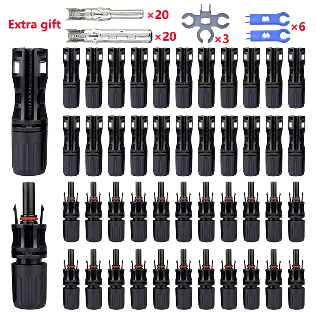 400-piece photovoltaic solar connector kit with MC4 male and female plugs for 2.5-6mm2 PV cable, rated 1000V 30A.