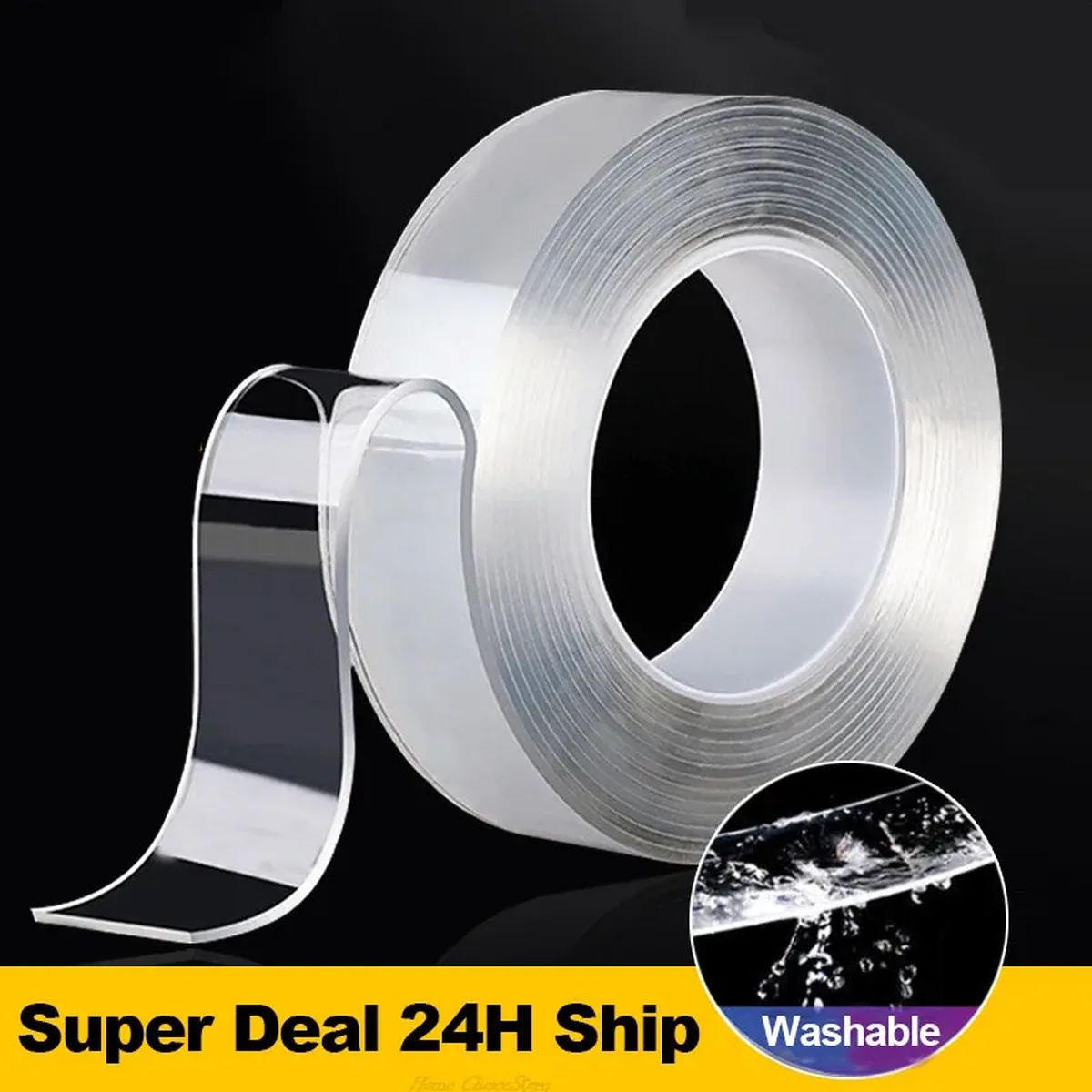 Nano Tape super strong double-sided adhesive tape, transparent and reusable for waterproof home decoration and bathroom organization.