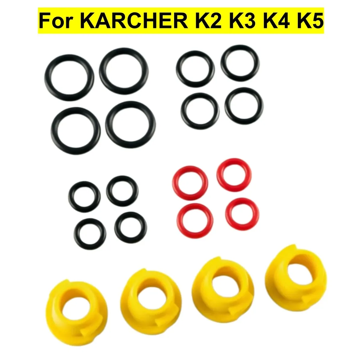 Assorted rubber O-rings and yellow plastic fittings laid out for K series pressure washers