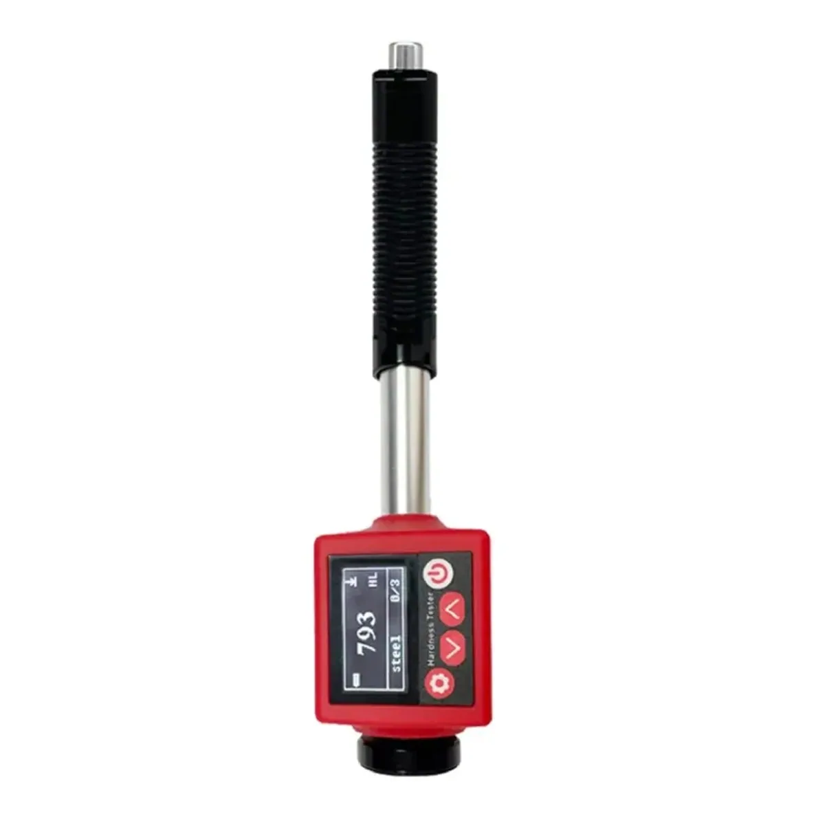 Handheld pen-type hardness tester with a red housing and a small digital display on the front