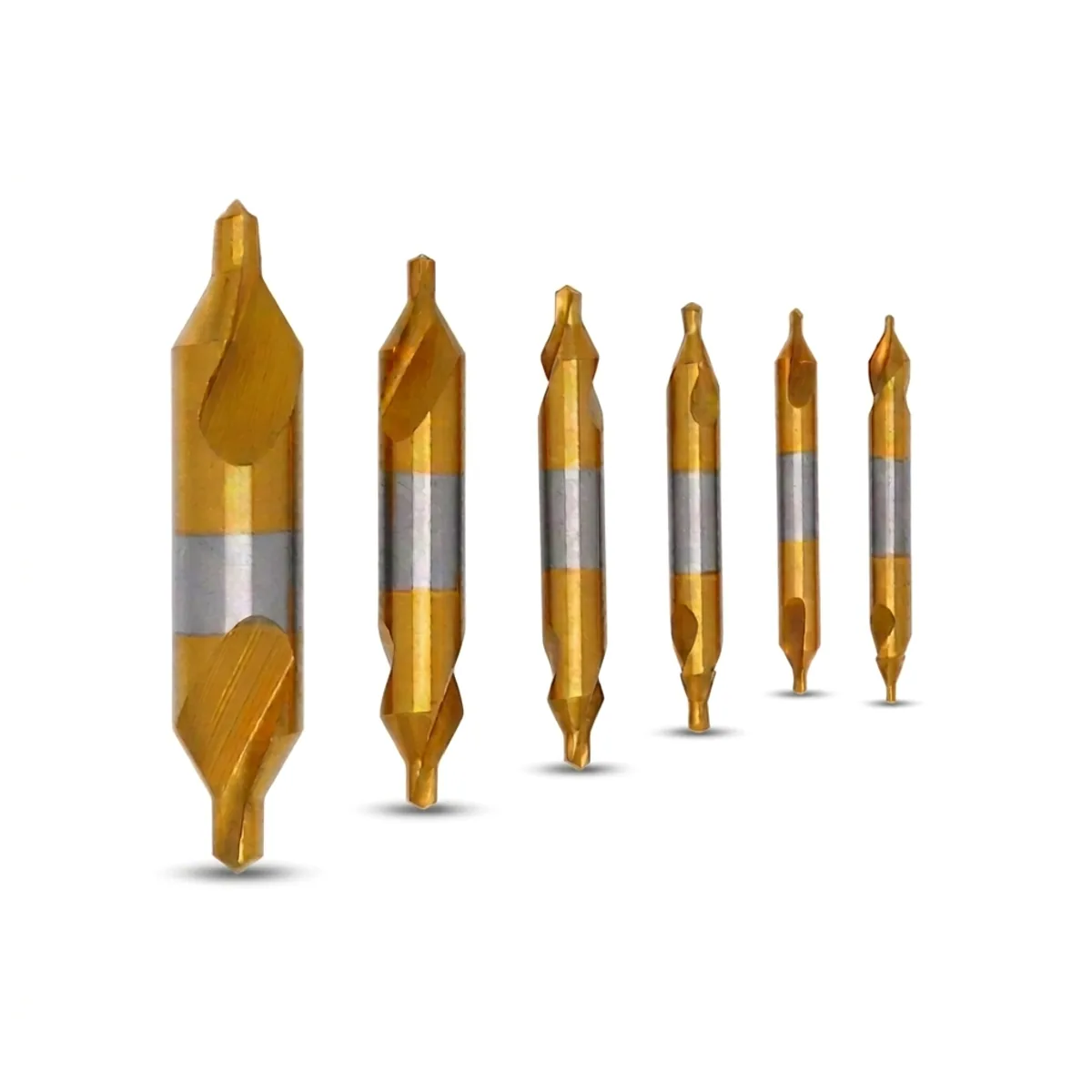 Set of 6 titanium-coated HSS combined center drills with 60-degree countersinks for metal lathe work and centering operations.