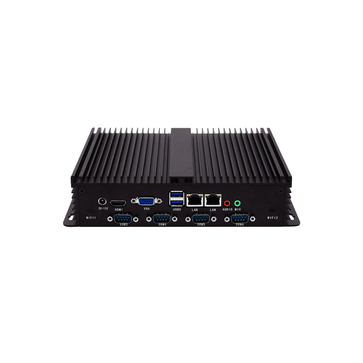 Rear panel of an Industrial Mini PC featuring HDMI, VGA, dual LAN, USB, audio jacks, and four COM ports.