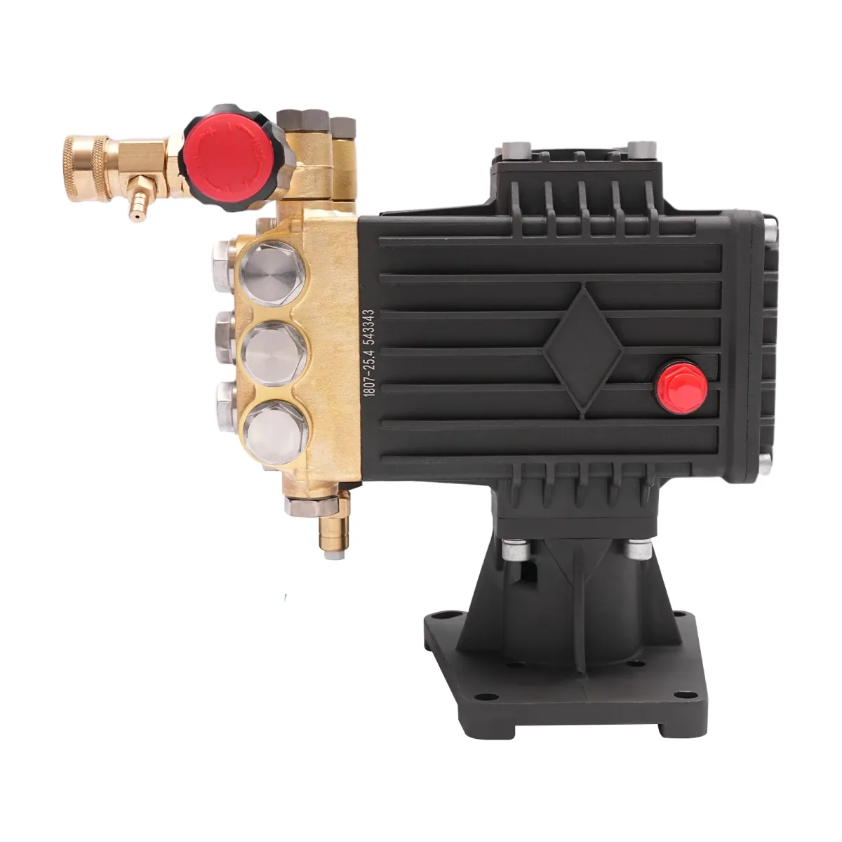 Pressure washer pump with brass manifold, black housing, pressure gauge and regulating valve seen from the front