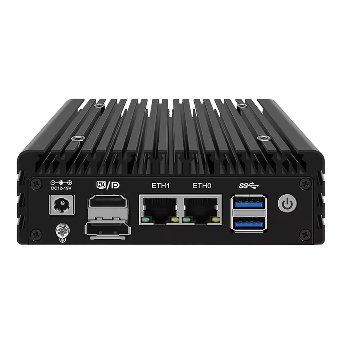 Rear panel of Firewall Appliance Mini PC with power input, display ports, two Ethernet ports, and USB ports.