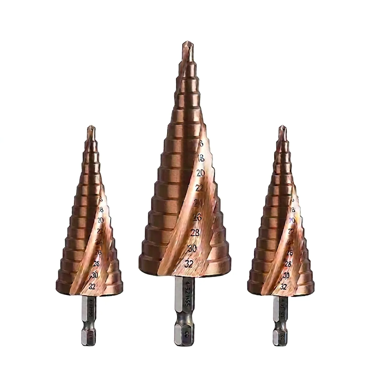 Rafford M35 cobalt step drill bit with spiral groove and triangle shank, for stainless steel in 4-12mm, 4-20mm, or 4-32mm sizes.
