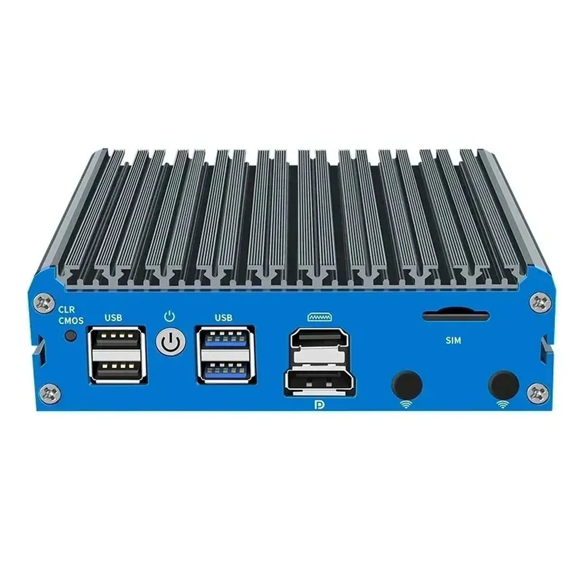 Front view of a blue Appliance Mini PC displaying USB ports, display outputs, and a SIM slot.