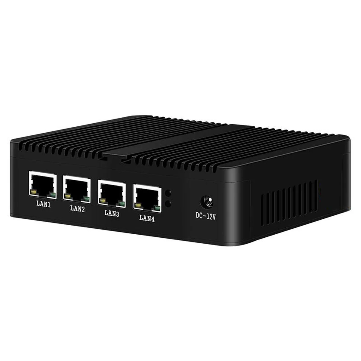 Firewall Appliance Mini PC showing four LAN ports and DC power input on black metal chassis.