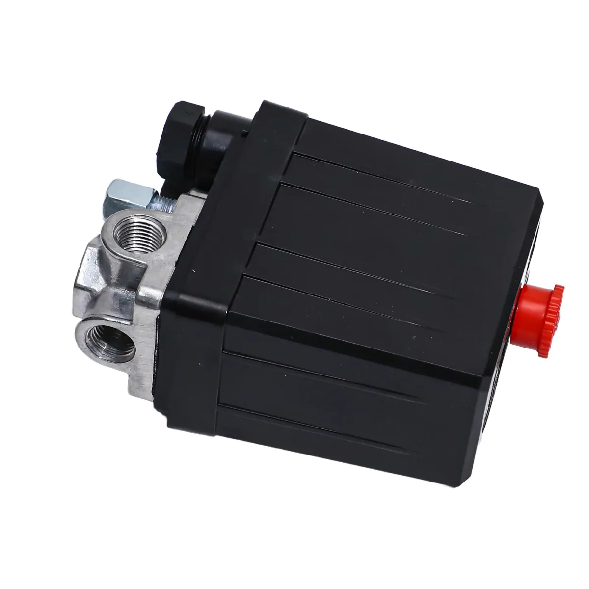 Black pressure switch with a silver metal manifold, four threaded ports and a red knob on the side