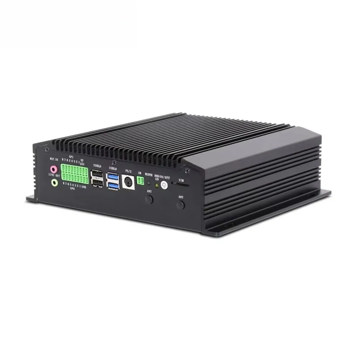 Front view of an Industrial Mini PC showing audio jacks, terminal blocks, USB ports, and finned metal chassis.