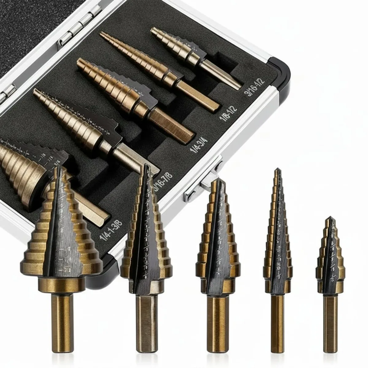 HSS 4241 Cobalt Step Drill Bit Set with 50 sizes in a durable aluminum case, for precise cone drilling in metal.