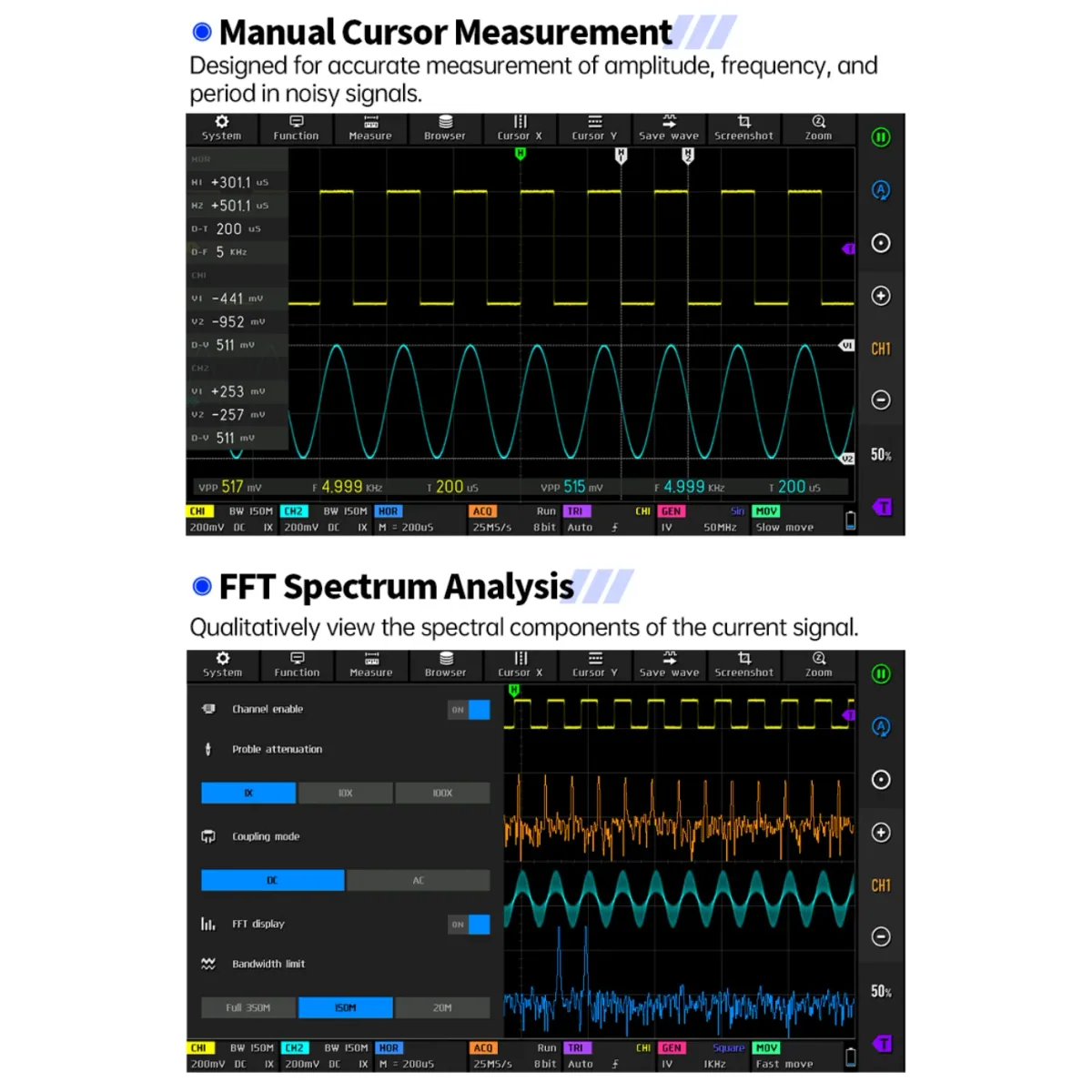 Digital Oscilloscope DPOS350P | 2CH 350MHz 1GSa/s | 7in Touchscreen - Thumbnail 4
