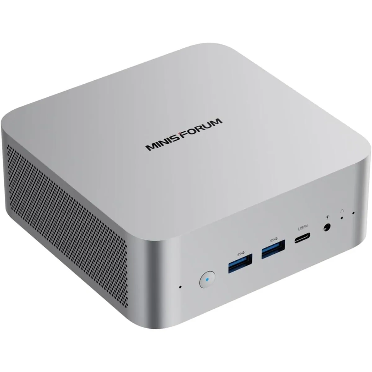 Front view of a silver 4 Port 2.5G Mini PC featuring USB ports, USB4, audio jack, and power button.