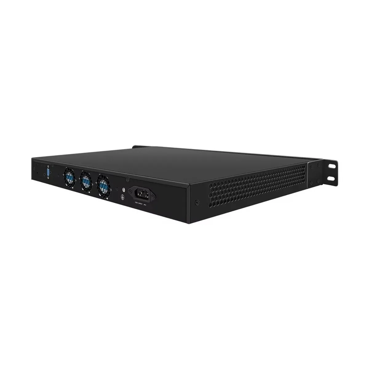 Rear perspective of a black 1U Firewall Appliance showing cooling fans, power socket, and side ventilation.