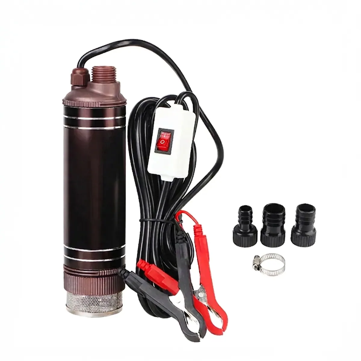 Brown metal submersible diesel transfer pump with wired battery clips, three nozzle fittings, and a clamp.