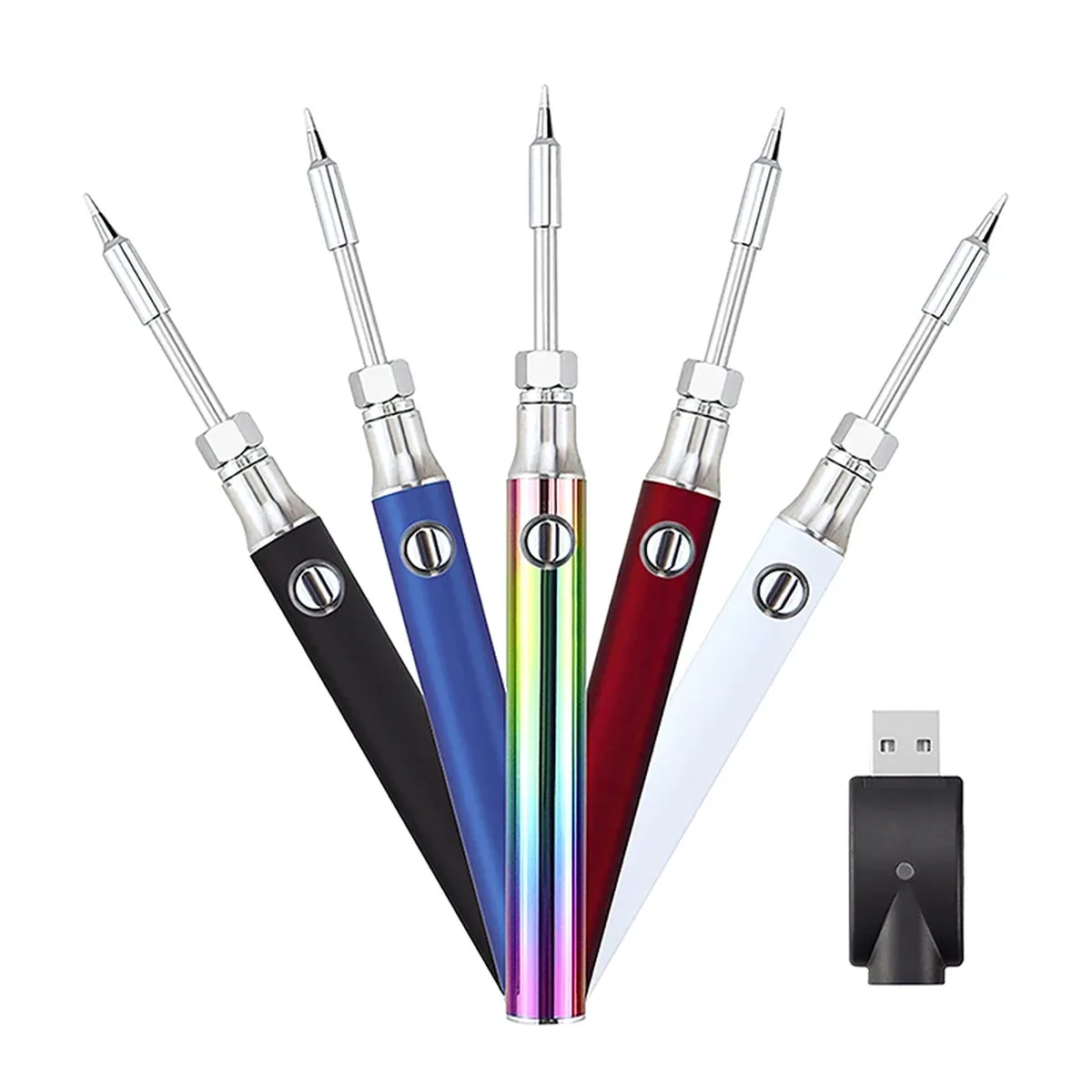 Cordless USB soldering iron with temperature adjustment, ideal for electronics repair.