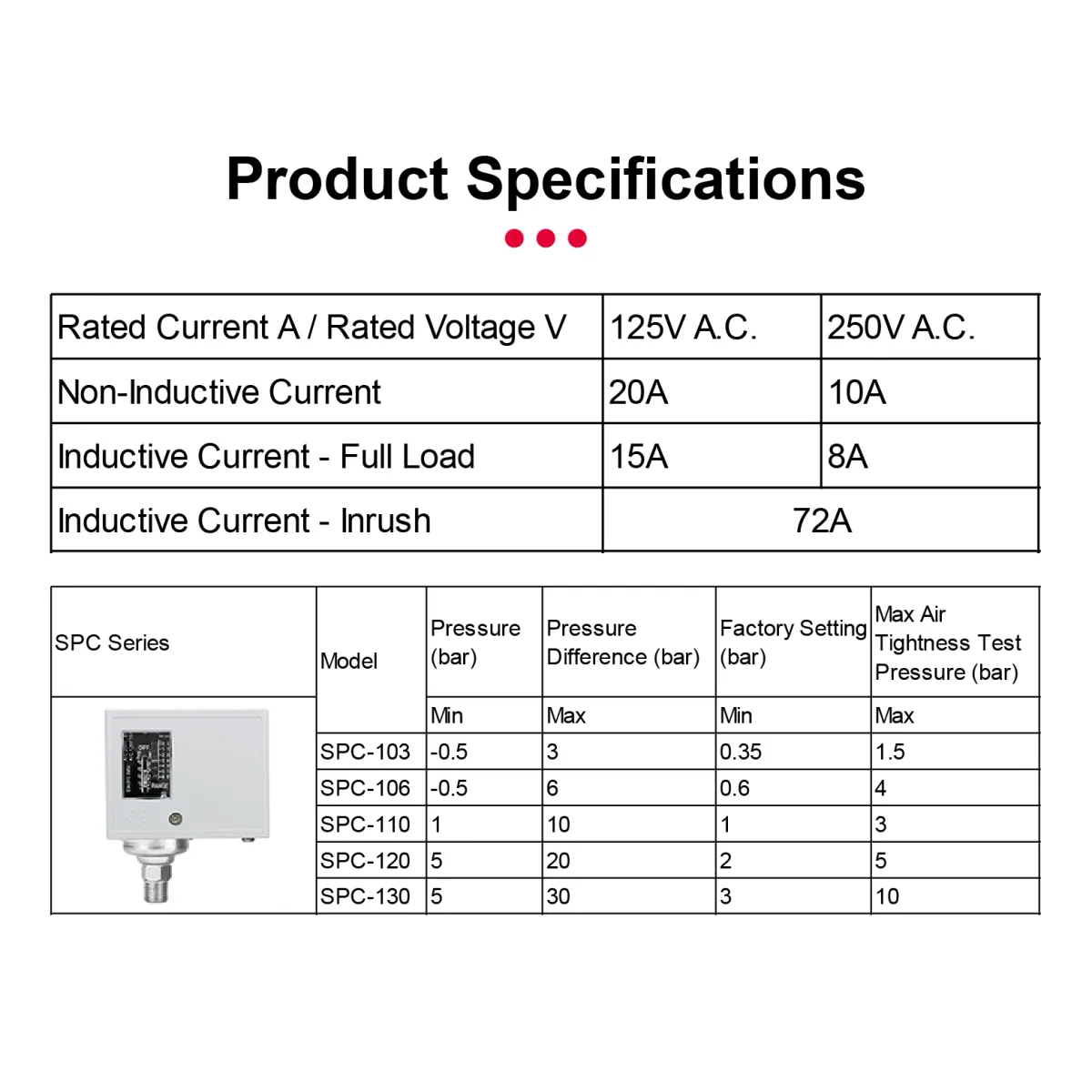 Air Compressor Pressure Switch SPC Series | SPC-103 to SPC-130 | AC125V to 250V - Thumbnail 3