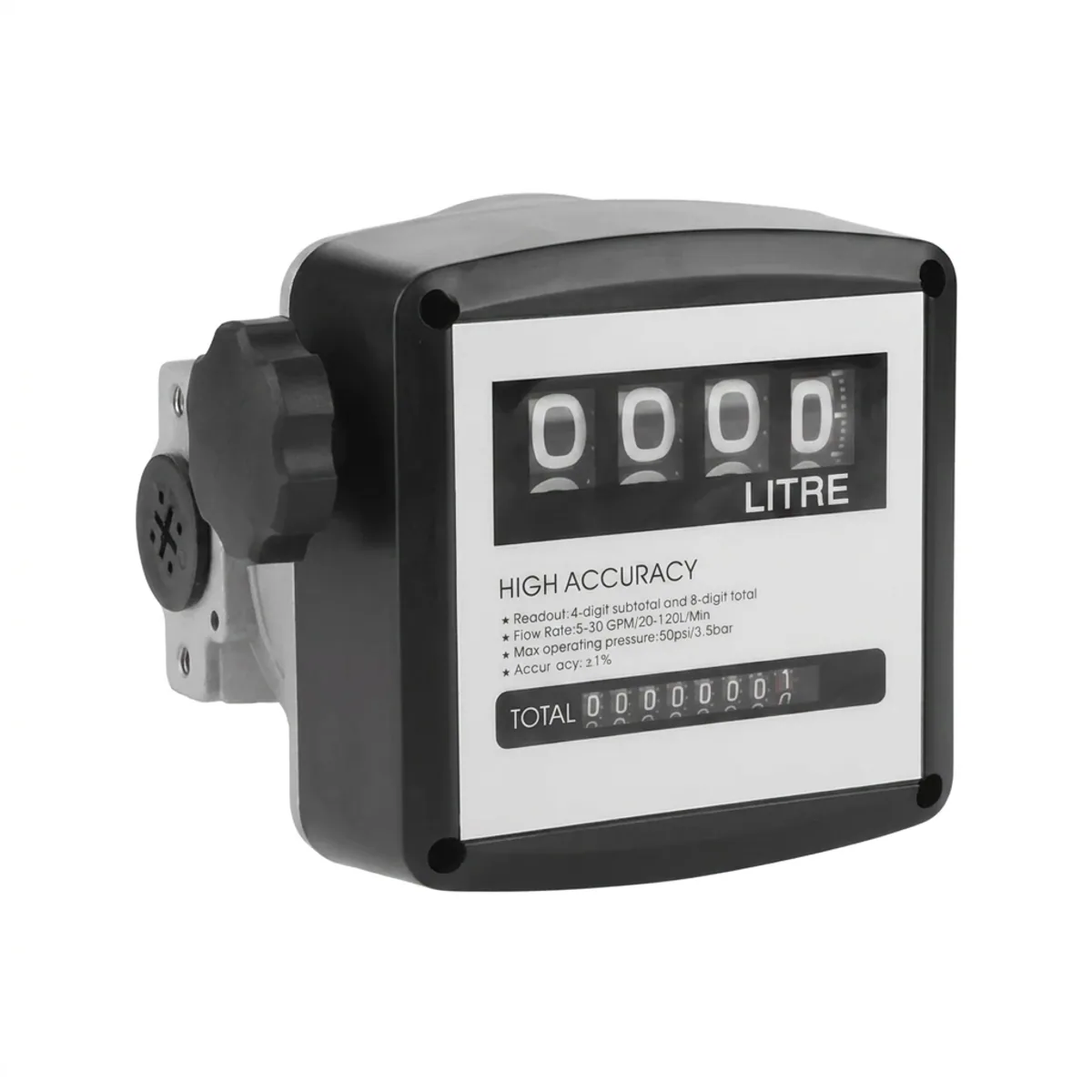Mechanical diesel flow meter fuel transfer fitting in black and aluminium casing with a reset knob and litre readout.