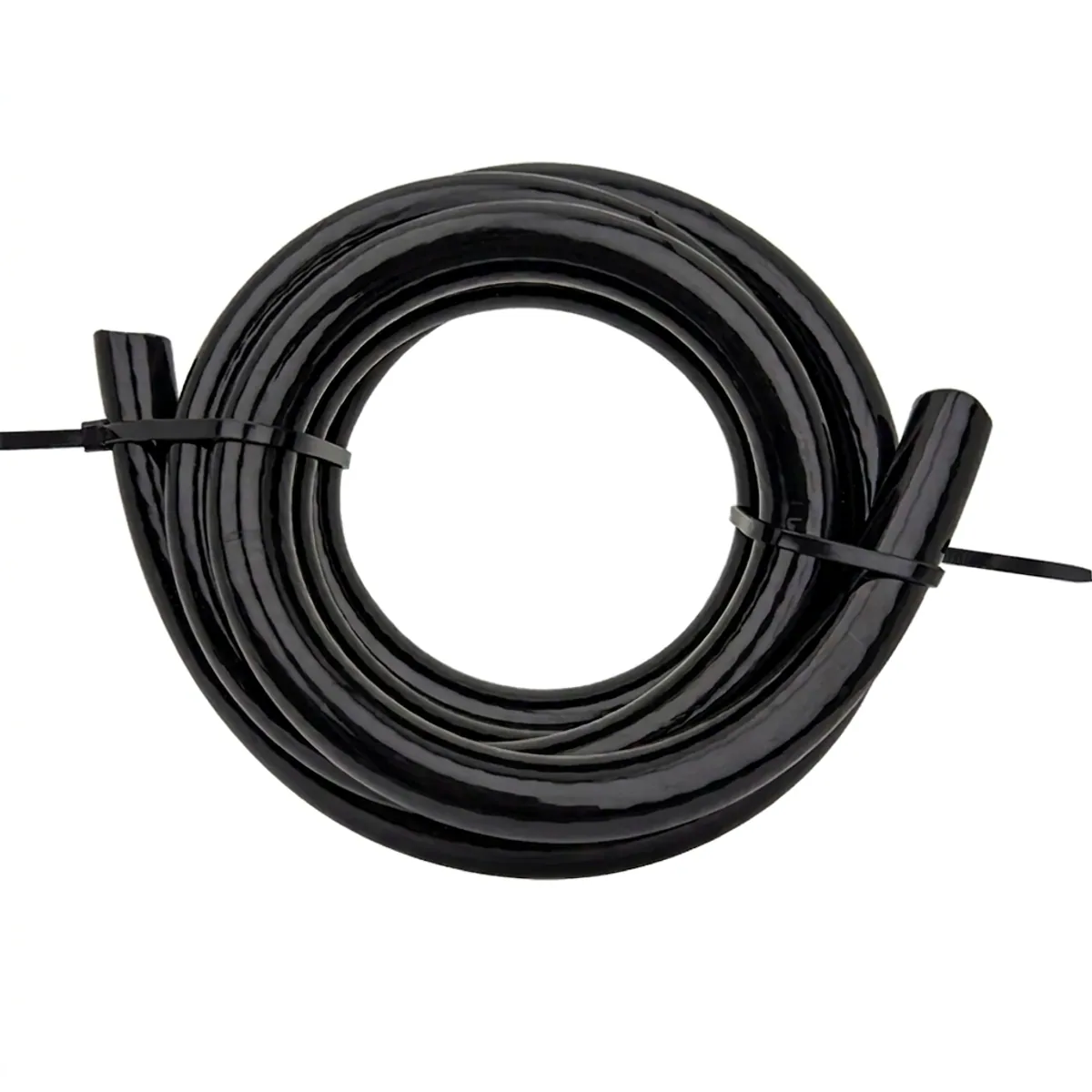 Coiled glossy black diesel transfer pump hose bundled with black cable ties.