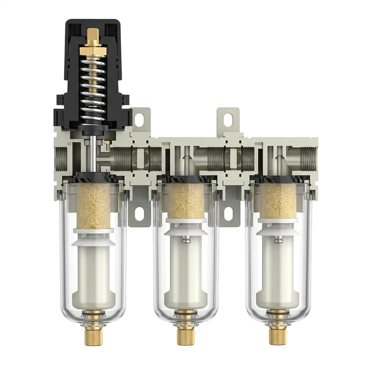 CWF/FF/FFF-2/3 Air Filter Regulator with manual drain, a pneumatic pressure regulator and oil water separator for compressor systems.