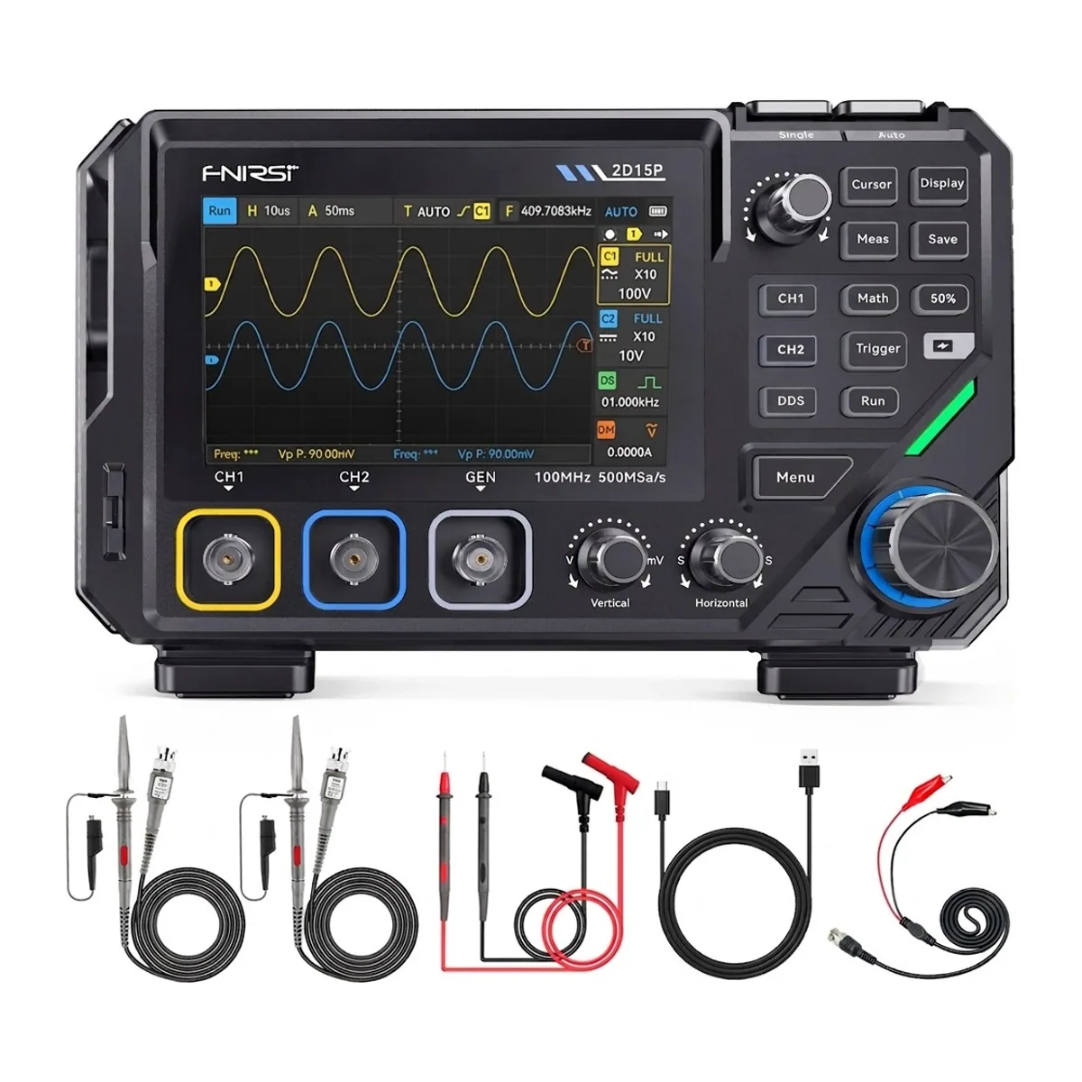 Two channel desktop oscilloscope showing two sine waves above two scope probes, test leads, USB cable and clip lead
