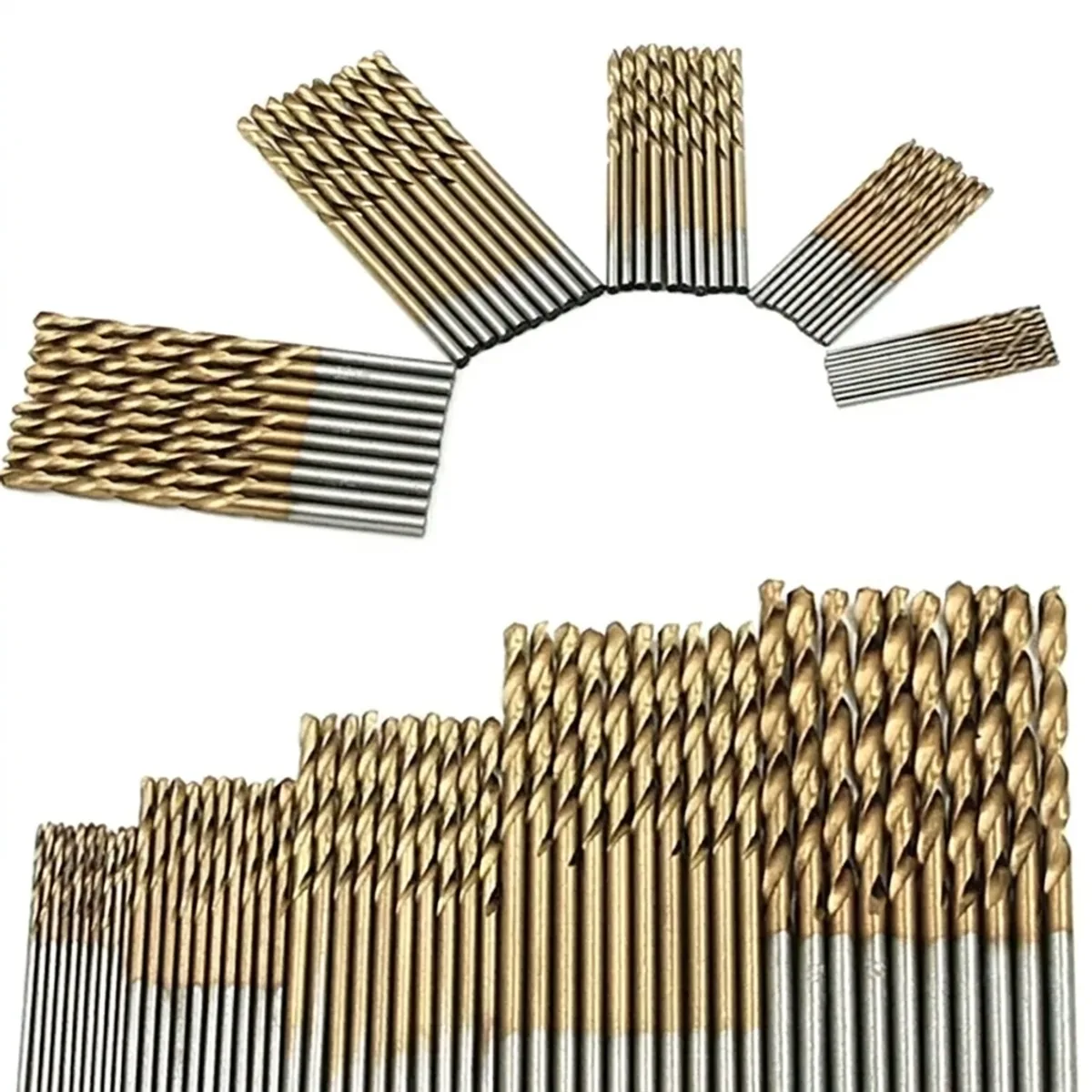 50pc HSS Titanium Drill Bit Set, large set arranged in rows on a white background.