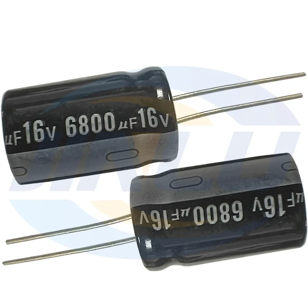 5-pack of 16V 6800uF aluminum electrolytic capacitors, 16x25mm size, for power supply and audio circuit applications.