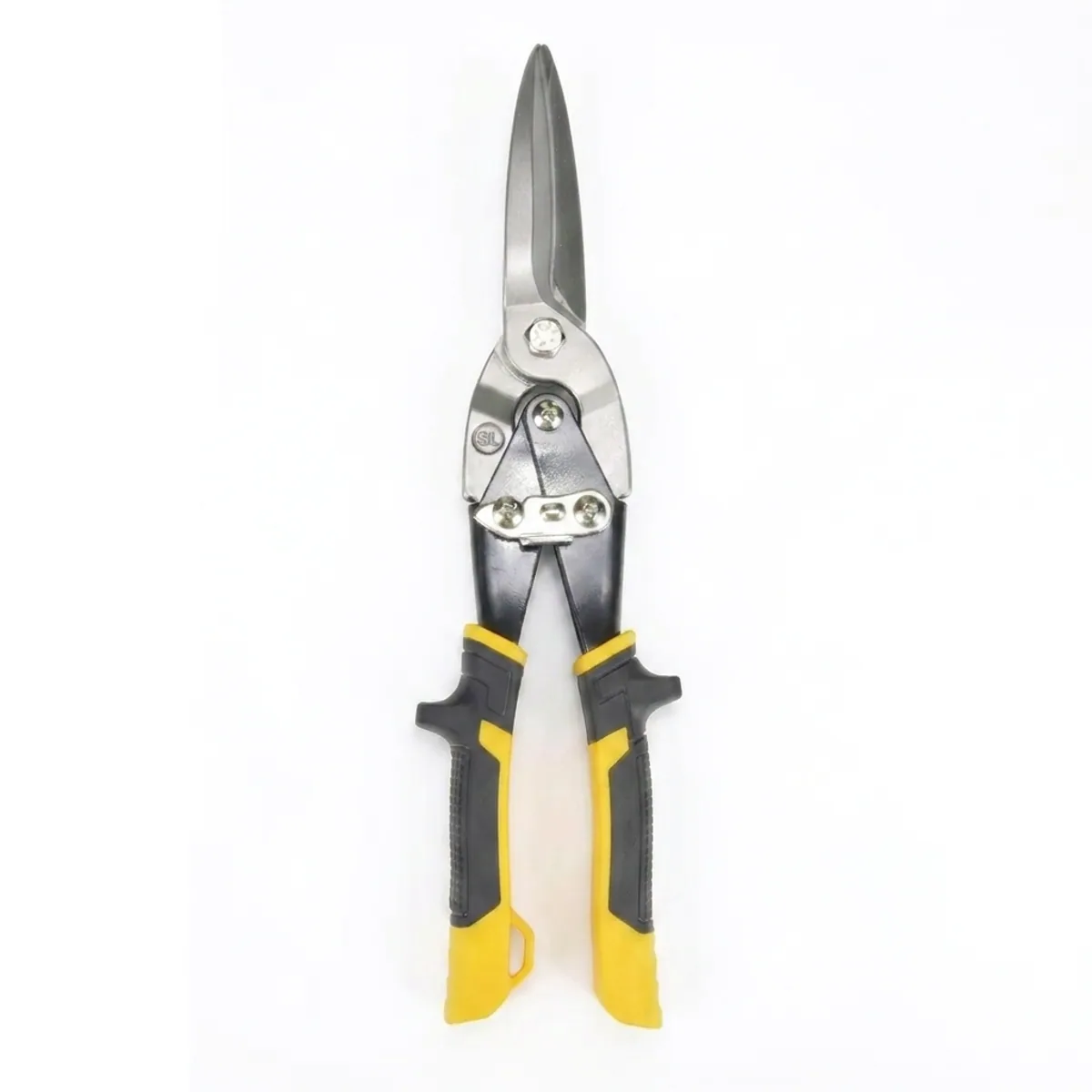 Industrial stainless steel aviation shears with sharp blades for cutting light steel keel, featuring labor-saving compound leverage and red plastic handles.