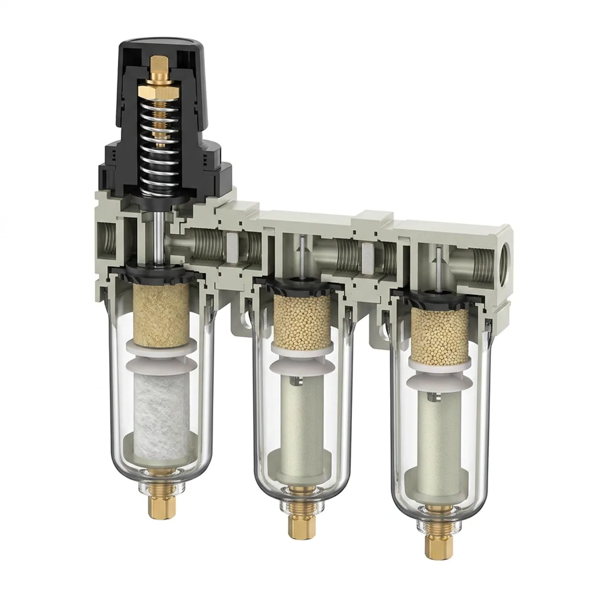 CWFF high-precision compressed air filter and oil-water separator for 1/4 to 3/4 inch lines, featuring a clear bowl and pressure gauge.