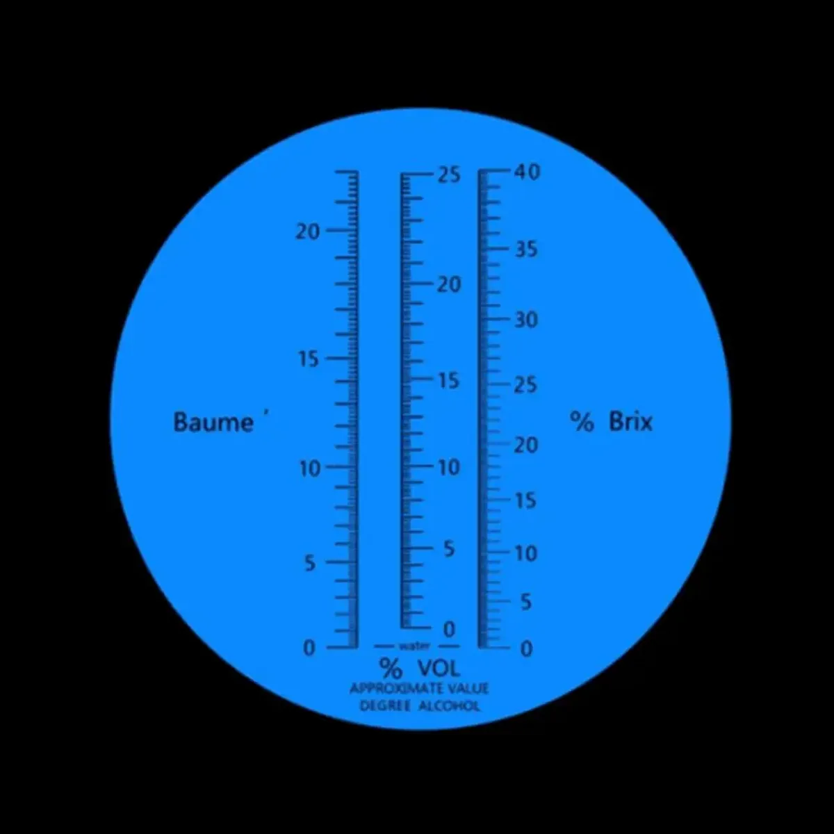 Circular handheld refractometer showing Baume, percent Brix and percent Vol scales with its eyepiece and body